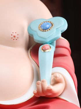 戴玉堂陶瓷摆件《红衣彩水莲座弥勒》弥勒佛家用大肚笑佛供奉佛像