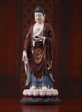 戴玉堂陶瓷摆件《西方三圣古衣彩》佛像家用供奉观音阿弥陀佛站像