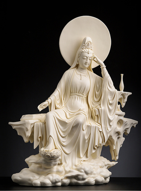 戴玉堂林建平陶瓷摆件《思维自在观音猛犸牙黄》佛像供奉家居饰品