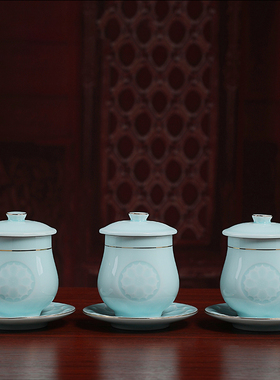 戴玉堂陶瓷描金青瓷圣水杯观音净水杯佛前供佛敬神水杯供奉用品