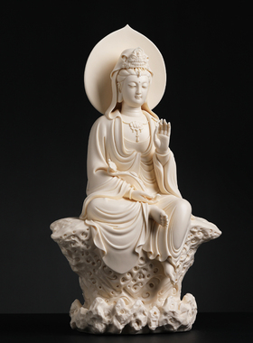 戴玉堂林建平陶瓷摆件《猛犸牙黄如意观音》观自在佛像观世音菩萨