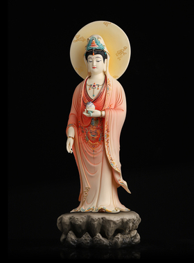 戴玉堂林建平《佛光莲花观音彩绘》家用佛像供奉观世音菩萨像摆件