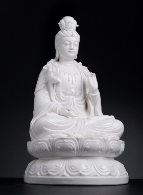 戴玉堂林小彩陶瓷摆件《正坐古莲大势至菩萨》德化白瓷佛像供奉