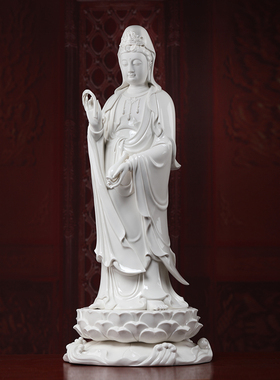 戴玉堂陶瓷摆件《立莲观世音菩萨像》德化白瓷观音佛像家用供奉