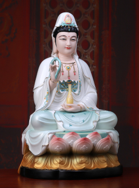 戴玉堂陶瓷《坐祥莲观音 绿衣彩》佛像家用供奉摆件观世音菩萨像