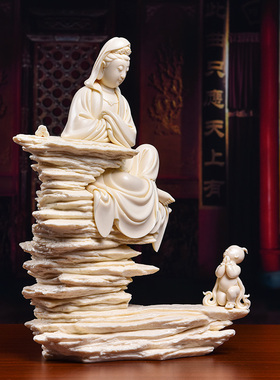 戴玉堂陶瓷摆件《玉黄瓷童子拜观音》林建胜佛像客厅装饰艺术品