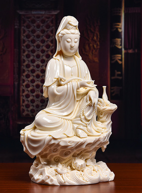 戴玉堂陶瓷摆件《坐岩如意观音》林建胜供奉佛像客厅装饰艺术品