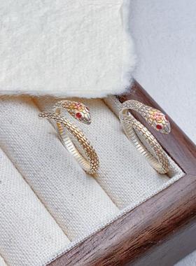 S999纯银戒指桃花蛇形描金本命年