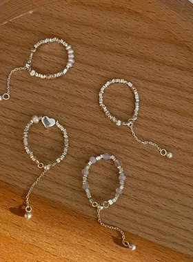 食指指环S925银方块抽拉设计戒指小众切割韩版冷淡风女可调节ins