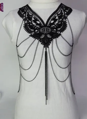 chain蕾丝花边项链黑色美多层body流苏饰品饰品西美身体链外贸