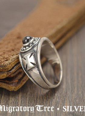 泰国原产925纯银戒指 复古铁十字纹镶黑色宝石等多款男款泰银戒指