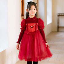 Girl Winter Dress Christmas Princess Dress 2023 Winter Style New Year Temperament Butterfly Knot Red Fluffy Dress Dress