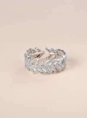 叶子戒指女小众设计高级感 轻奢复古可调节开口简约气质细叶锆石