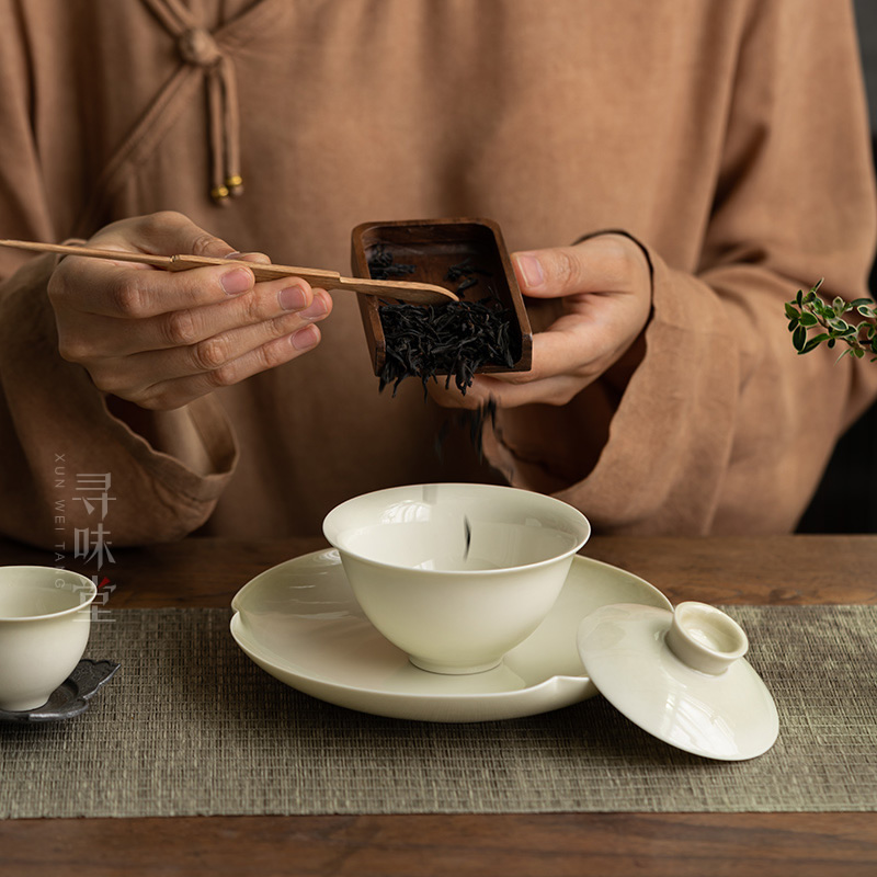 草木灰复古盖碗｜仿古青灰釉色三才碗茶碗茶备陶瓷家用功夫茶具-图1