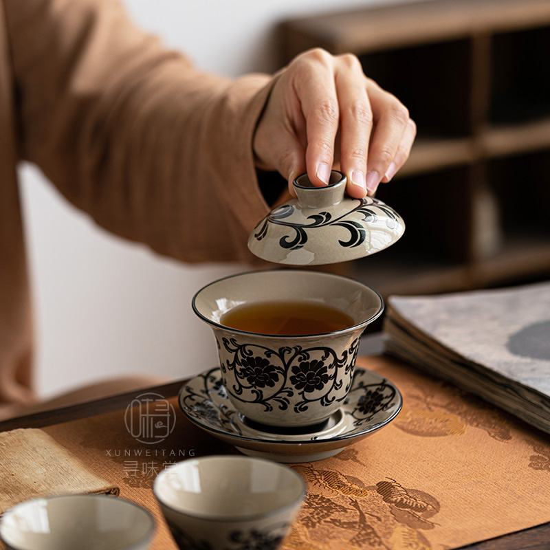 民窑雕花盖碗｜复古风磁州窑三才茶碗青灰釉陶瓷家用中式功夫茶具 - 图0