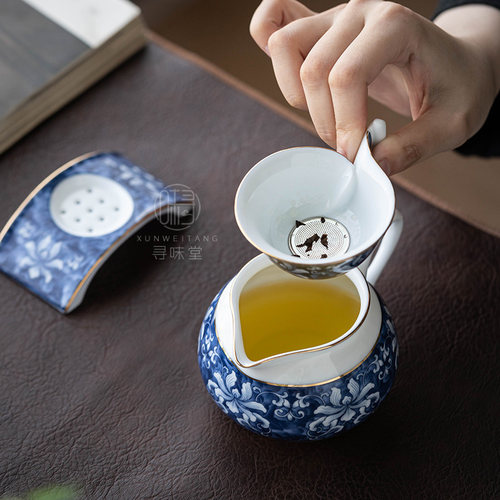 描金青花瓷茶漏｜高档釉下彩锦上添花茶滤 过滤网 功夫茶具滤茶器 - 图1