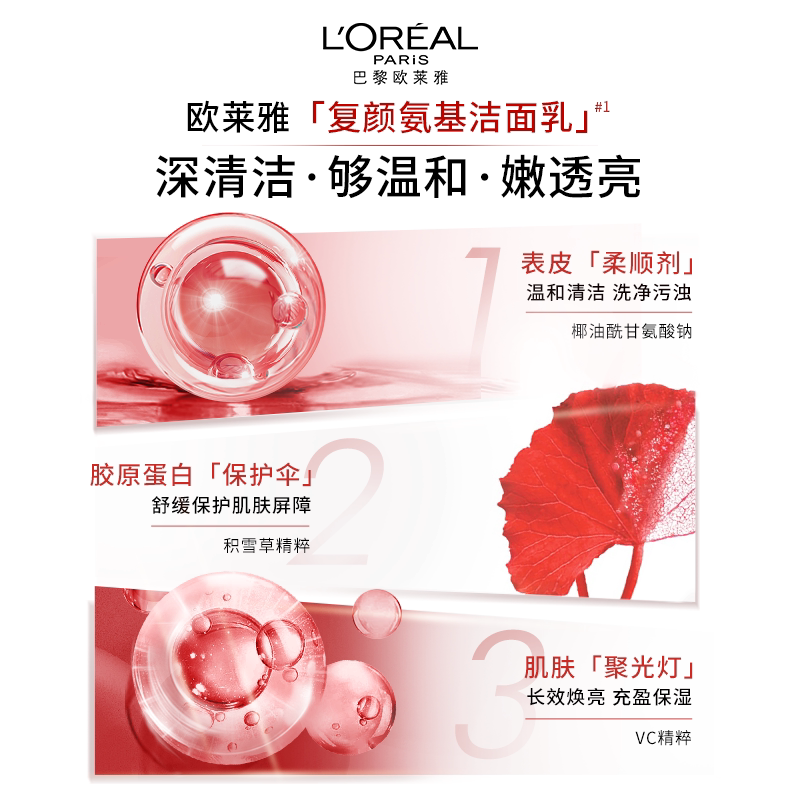 欧莱雅复颜氨基酸洗面奶洁面乳深层温和滋润清洁毛孔护肤品不紧绷