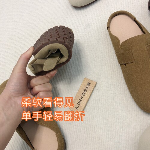 真磨砂皮复古勃肯鞋软底软面防滑牛筋底包头拖复古奶奶鞋日系圆头 - 图0