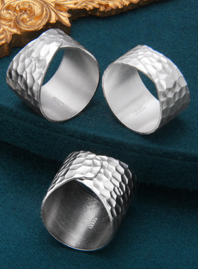 男女S925银复古锤目纹戒指个性