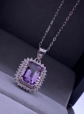 紫水晶吊坠天然紫晶方形吊坠925银镶嵌网红紫色项链锁骨链直播货