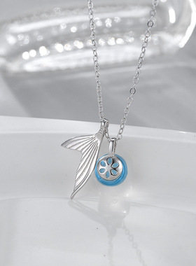 s925银抖音人鱼泡沫项链日韩风简约蓝色水晶美人鱼尾锁骨链女