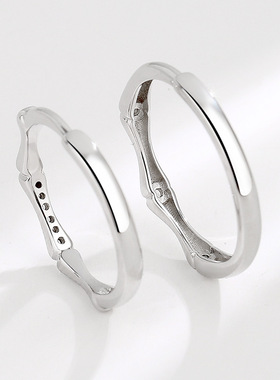 S925纯银竹节情侣戒指开口镶钻对戒男女简约小众设计感开口指环