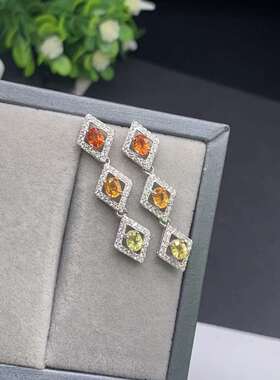 银耳环天然彩蓝宝石耳钉S925银彩色蓝宝石耳坠落日橙金丝雀黄宝石