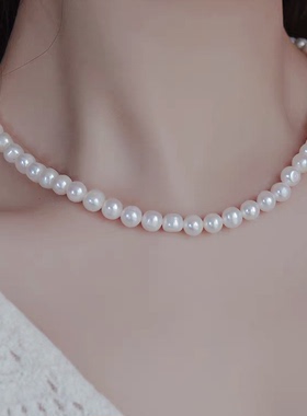 许我耀眼赵露思同款施家珍珠项链甜美元宝扣手工串珠颈链百搭时尚