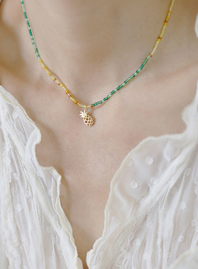 不褪色度假风水果系菠萝串珠项链ins撞色小珠子锁骨链时尚百搭高