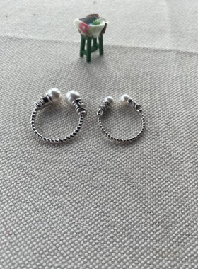 S925纯银中古风麻花珍珠戒指女高级设计感施家珍珠开口可调节指环