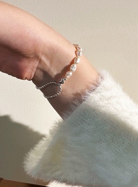 925纯银ins风简约天然巴洛克珍珠手链女小众爱心拼接圆珠手链