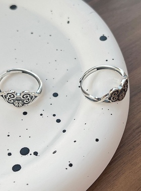 S925纯银复古做旧喜字戒指女国潮如意祥云时尚开口指环民族风手饰