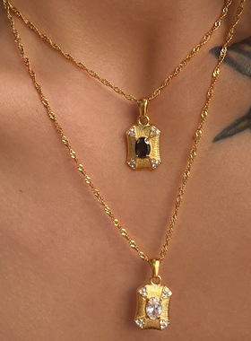 钛钢水波纹绿色粉色紫色锆石项链