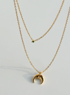 钛钢双层月牙绿锆石锁骨项链