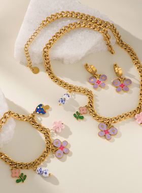 【DASEIN】2025春夏季多巴胺新品花色蝴蝶花朵甜美风耳环项链套装