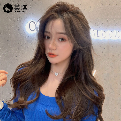 英琪假发女轻薄蕾丝长卷发中分八字刘海真人发丝全头套网红大波浪 - 图0