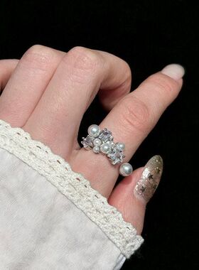 满天星珍珠闪钻开口戒指女2026新款爆款小众设计高级感食指戒手饰