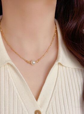 法式轻奢气质白色珍珠棍链项链小众时尚简约设计感百搭锁骨链批发