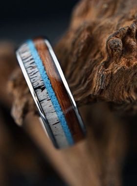 8宽球面钨钢戒指镶鹿角相思木&绿松石精抛光碳化钨戒指高质量婚戒