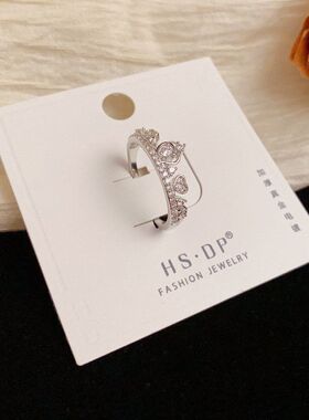 日韩时尚设计感微镶锆石皇冠开口戒指个性轻奢百搭超闪食指戒批发
