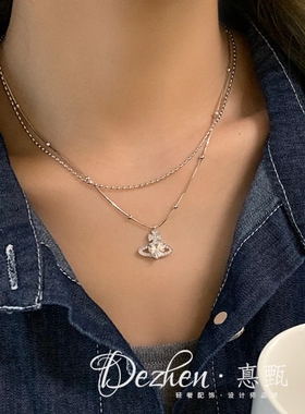 微镶锆石爱心土星碎银子项链女双层叠戴锁骨链女高级感轻奢毛衣链