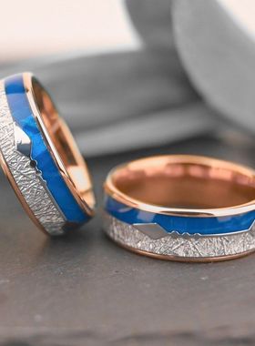 8mm 钨钢戒指电镀18K玫瑰金镶蓝色天然贝壳和陨石纹男士钨钢戒指