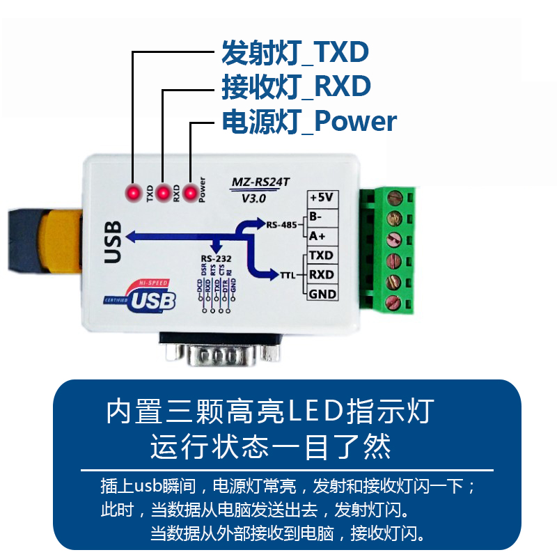 明正电子MZ-RS24T三合一转换器USB转232 485 TTL-图2