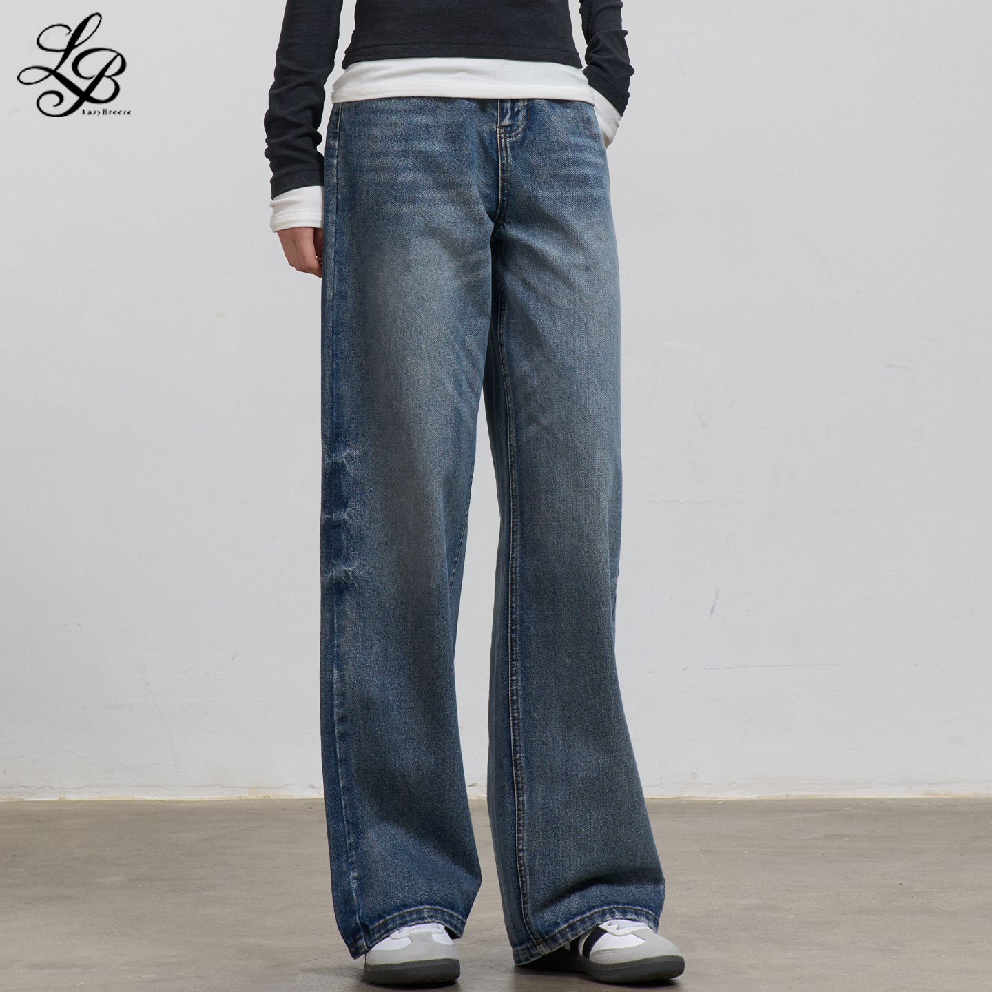 LazyBreeze秋季新款窄版阔腿牛仔裤女百搭显瘦休闲复古蓝色直筒裤 - 图1