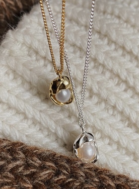 日韩925纯银珍珠几何项链女小众设计感ins不规则复古轻奢锁骨链