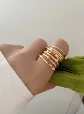 折扣韩国镶钻珍珠多层缠绕鸟巢戒指手工绕线复古纹理食指戒