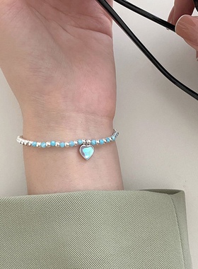 日韩爱心转运珠蓝色圆珠纯银手链潮轻奢月光石闺蜜银饰手串水滴