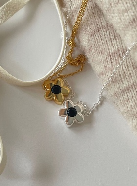 折-韩国925纯银立体小花项链小众轻奢黑宝石花朵毛衣链金色银色