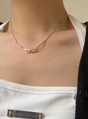 清仓925纯银拼接叠搭几何环形挂钩项链女金拼银小众冷淡风锁骨链