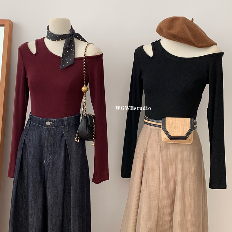 2024秋季不规则露肩长袖T恤女设计感小众修身内搭打底衫洋气上衣,淘宝优惠券,粉丝福利购,淘宝优惠卷